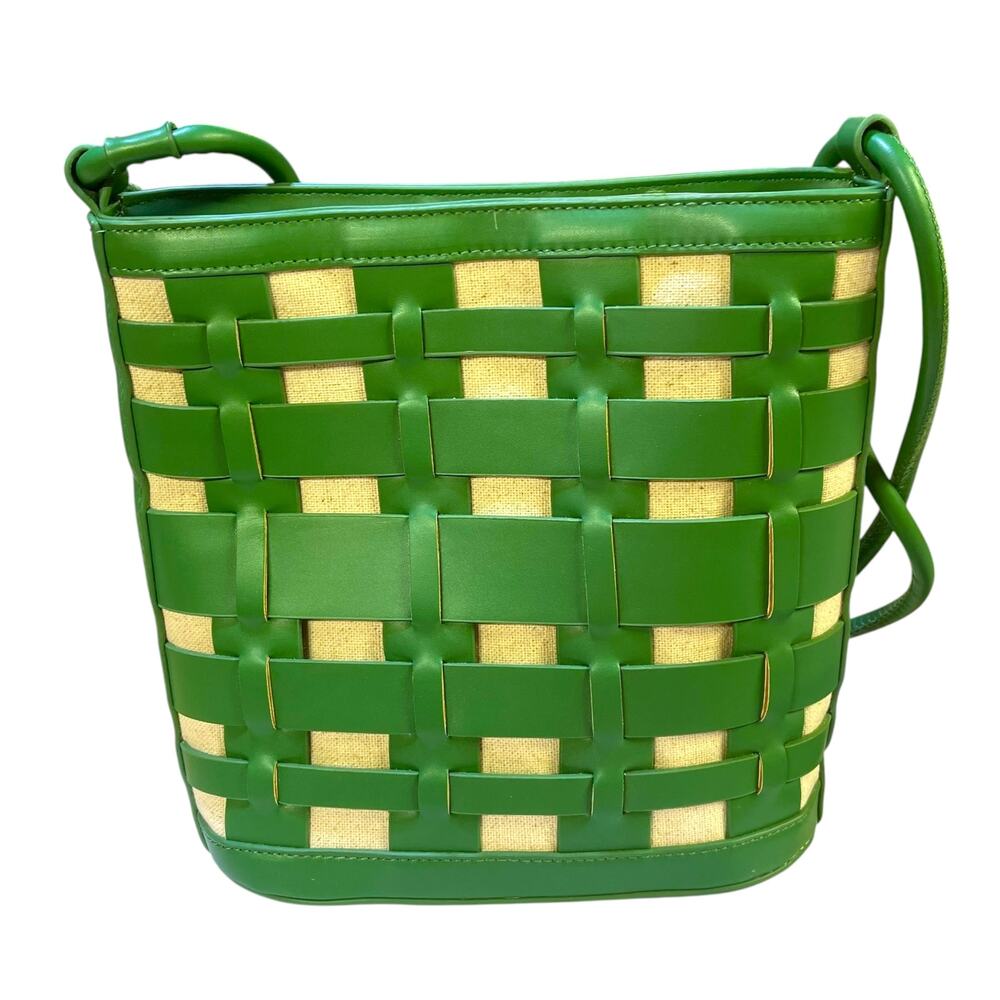 A New Day Green Woven Crossbody Bucket Bag Faux Leather Cream Canvas